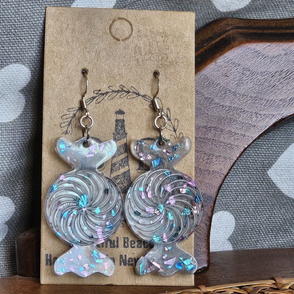 Handmade Resin Rainbow Hard Candy Beautiful Beacons 925 Silver Earrings